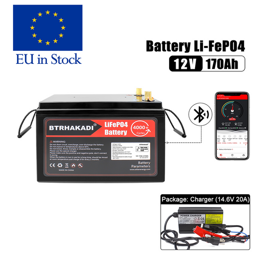 EU in STOCK ! HAKADI Lifepo4 12V 170Ah Rechargeable Battery Pack With Bluetooth BMS and 14.6V 20A Charger For Solar System RV EV Boat Solar energy