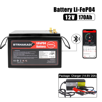 HAKADI 12V 170Ah Lifepo4 Rechargeable Battery Pack With BMS and 14.6V 20A Charger For Solar System RV EV Boat