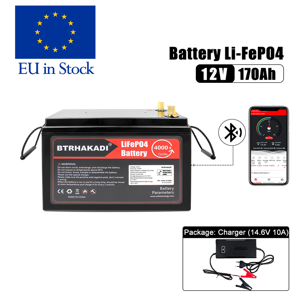 EU in STOCK ! HAKADI Lifepo4 12V 170Ah Rechargeable Battery Pack With Bluetooth BMS and 14.6V 10A Charger For Solar System RV EV Boat Solar energy