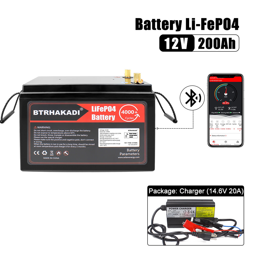 HAKADI 12V 200Ah LiFePO4 Lithium Battery, Built-in 100A Bluetooth BMS, 2560Wh Energy Use Grade A LiFePO4 Cell