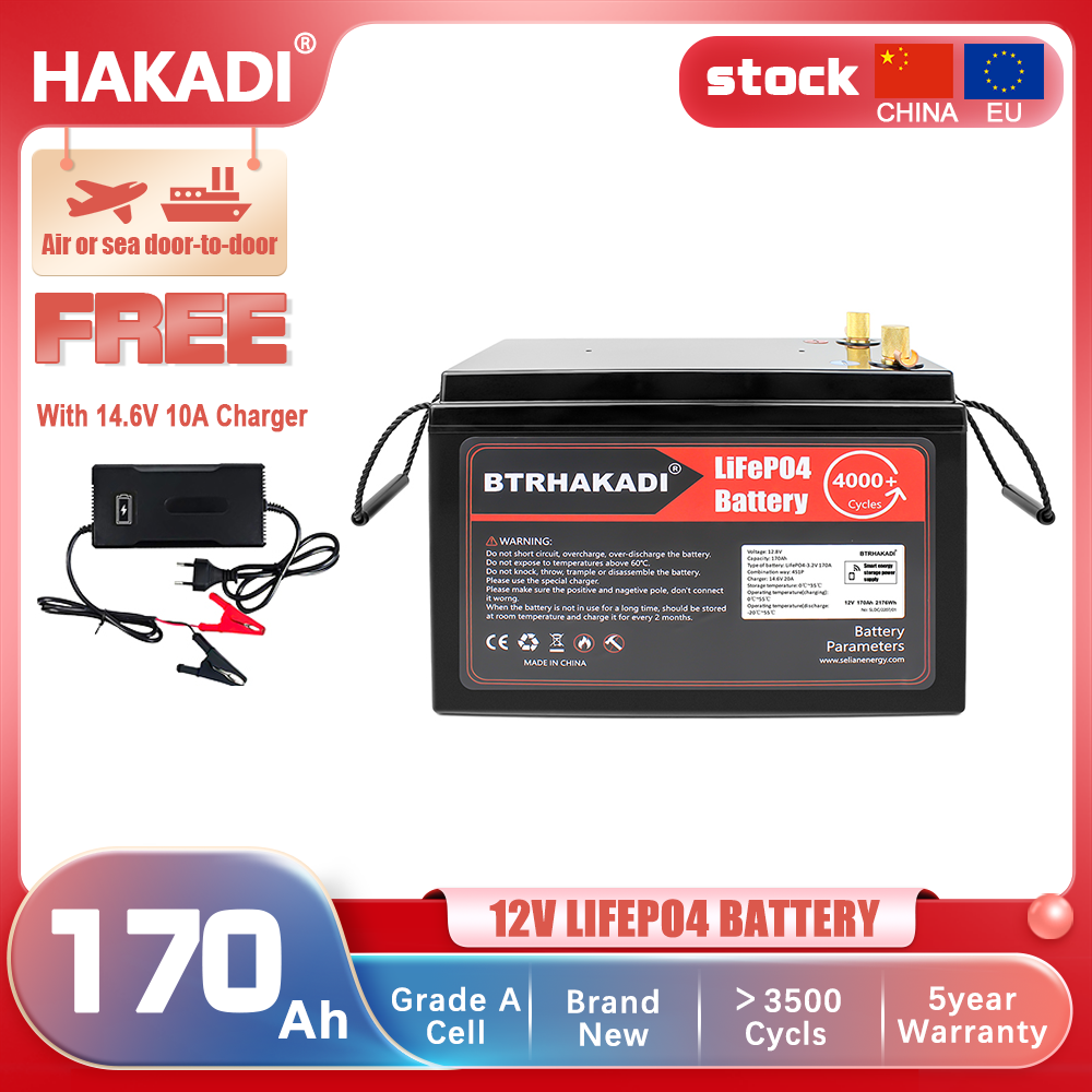 EU in STOCK ! HAKADI Lifepo4 12V 170Ah Rechargeable Battery Pack With Bluetooth BMS and 14.6V 10A Charger For Solar System RV EV Boat Solar energy