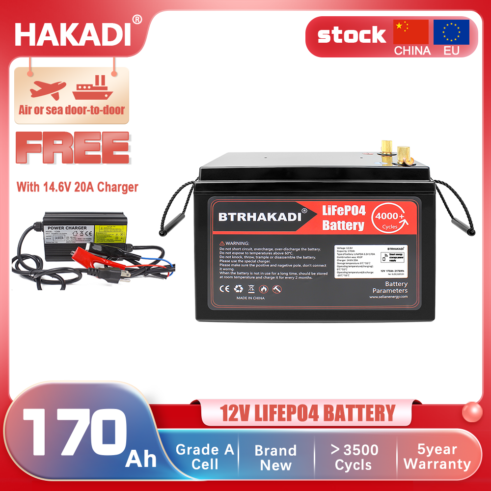 HAKADI 12V 170Ah Lifepo4 Rechargeable Battery Pack With BMS and 14.6V 20A Charger For Solar System RV EV Boat