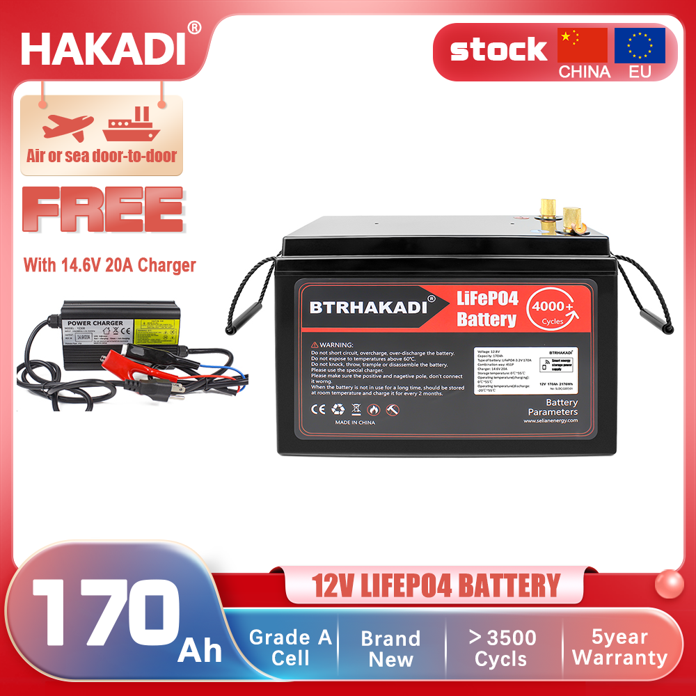 EU in STOCK ! HAKADI Lifepo4 12V 170Ah Rechargeable Battery Pack With Bluetooth BMS and 14.6V 20A Charger For Solar System RV EV Boat Solar energy