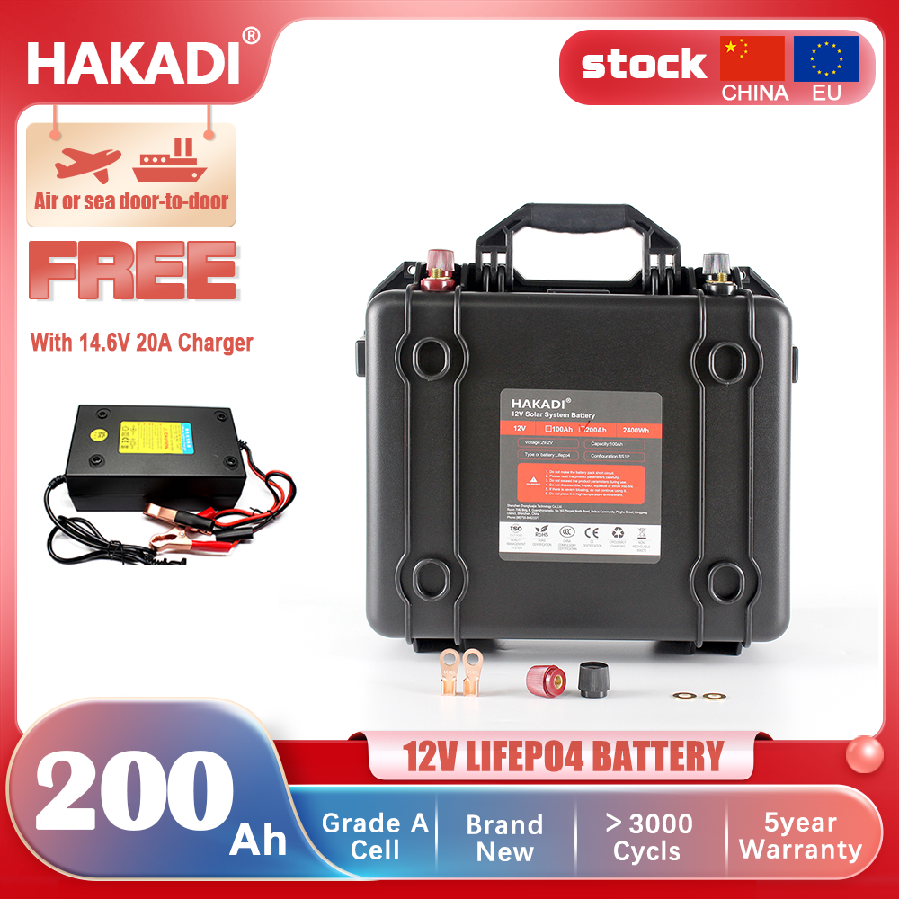 EU in STOCK ! HAKADI Lifepo4 12V 200Ah Battery Pack With Bluetooth BMS and 14.6V 20A Charger For Boat RV,EV,Solar System.Solar Energy