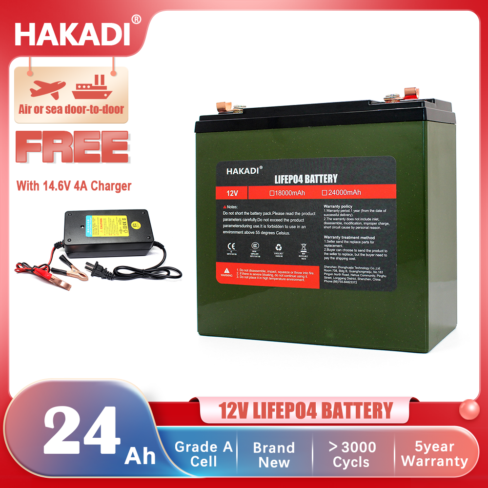 HAKADI Lifepo4 12V 24Ah Rechargeable Battery PACK Long Cycle Life With 14.6V 4A Charger For Fishing Emergency Equipment