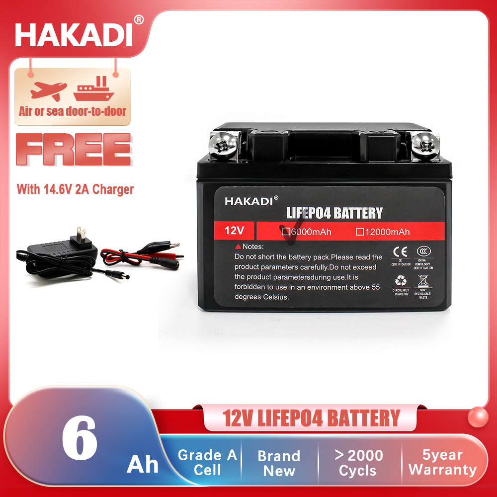 HAKADI LiFePO4 12V 6Ah Power Starter Rechargeable Battery Pack with Built-in BMS For 90-125CC Motorcycle Car