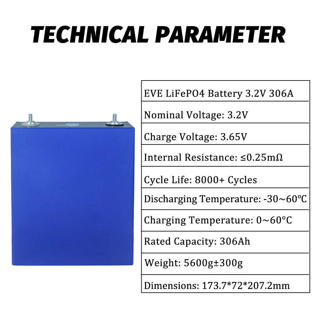 EVE MB30 306Ah LiFePO4 3.2V LF306 Battery Grade A Rechargeable Prismatic Cell For RV,EV,Solar