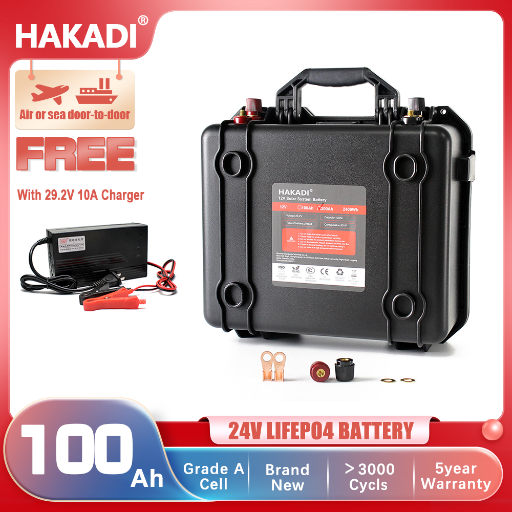 HAKADI 24V 100Ah Rechargeable Lifepo4 Battery Pack With 29.2V 10A Charger and BMS Waterproof Rechargeable Battery For UPS Power Solar RV EV