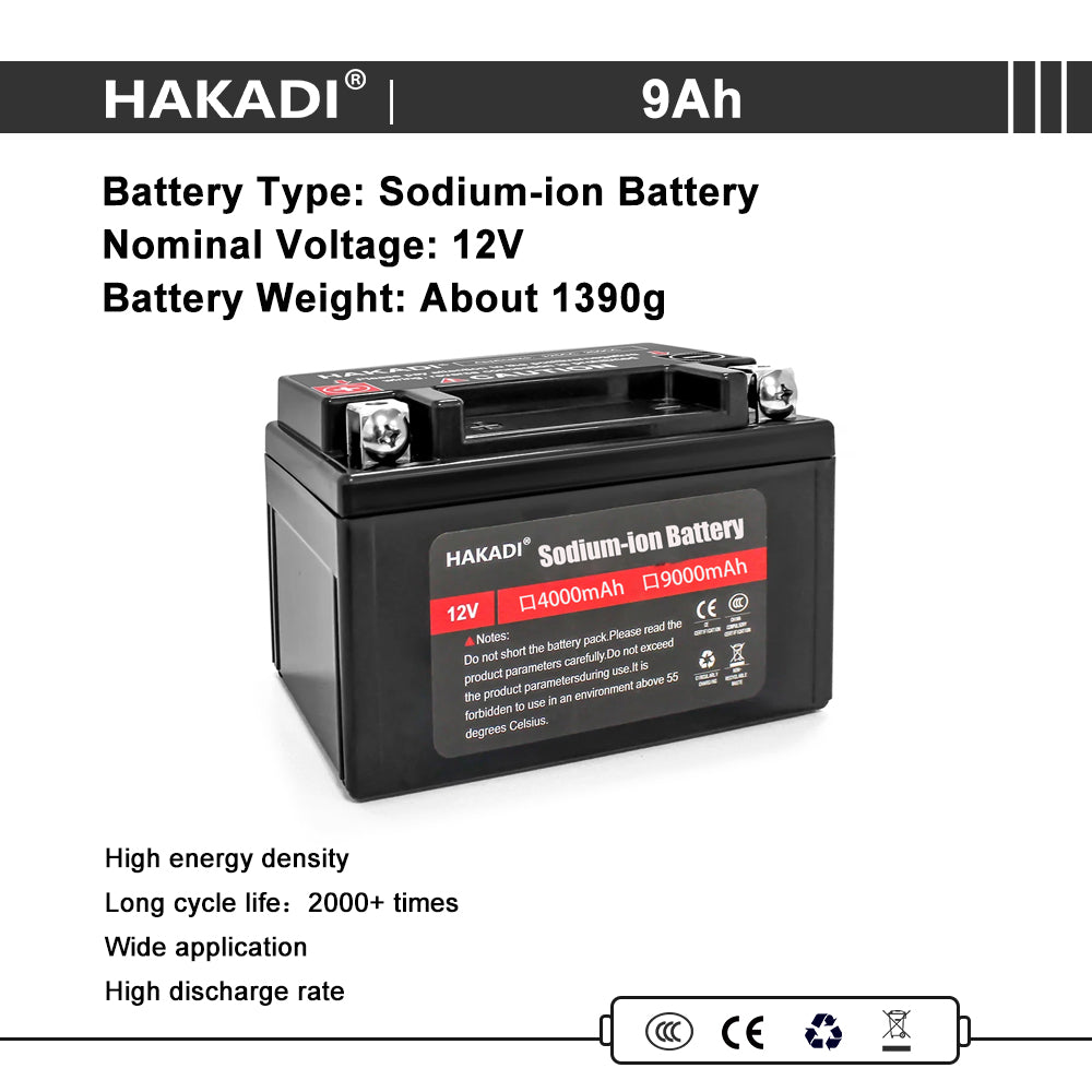 HAKADI 12V 9Ah Sodium-ion Battery Pack SIB Cells High Power Batteries For DIY 12V Generator Battery Compatible Mower