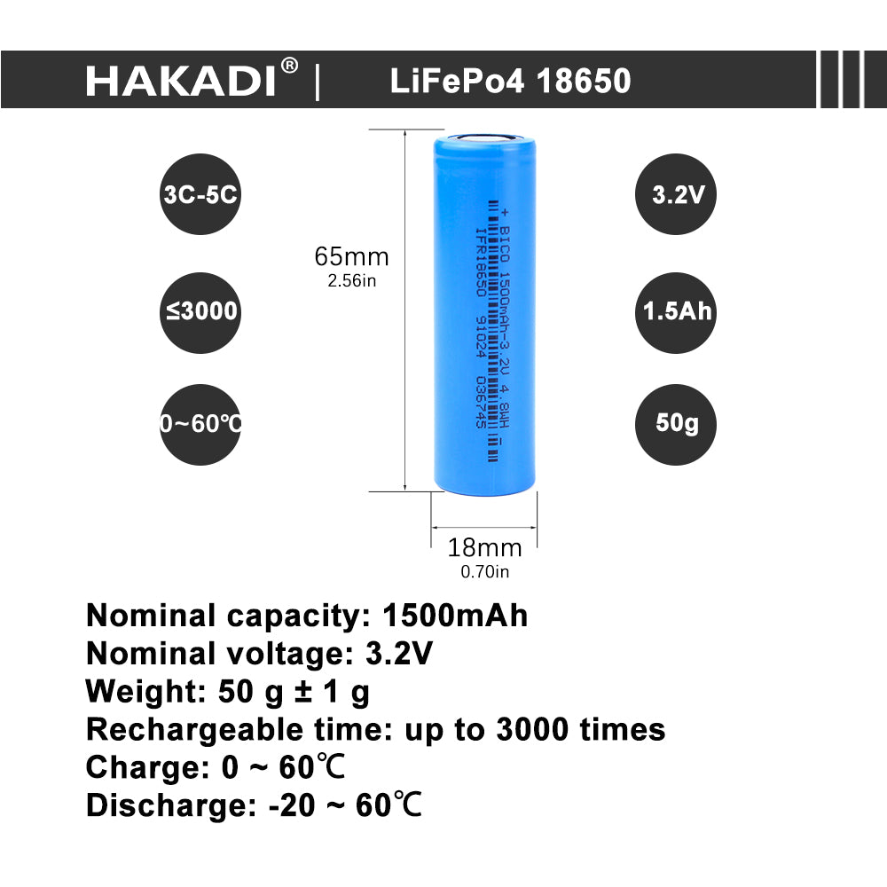 HAKADI Lifepo4 18650 3.2V 1500mah Rechargeable Battery Cell 3C-5C Discharge For DIY Battery Pack Kid Car