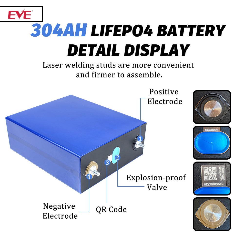 EVE LF304 LiFePO4 3.2V 304Ah Grade A Cells Prismatic Battery for DIY 12V 24V 48V 72V Pack,Solar Storage, RV, EV, PV