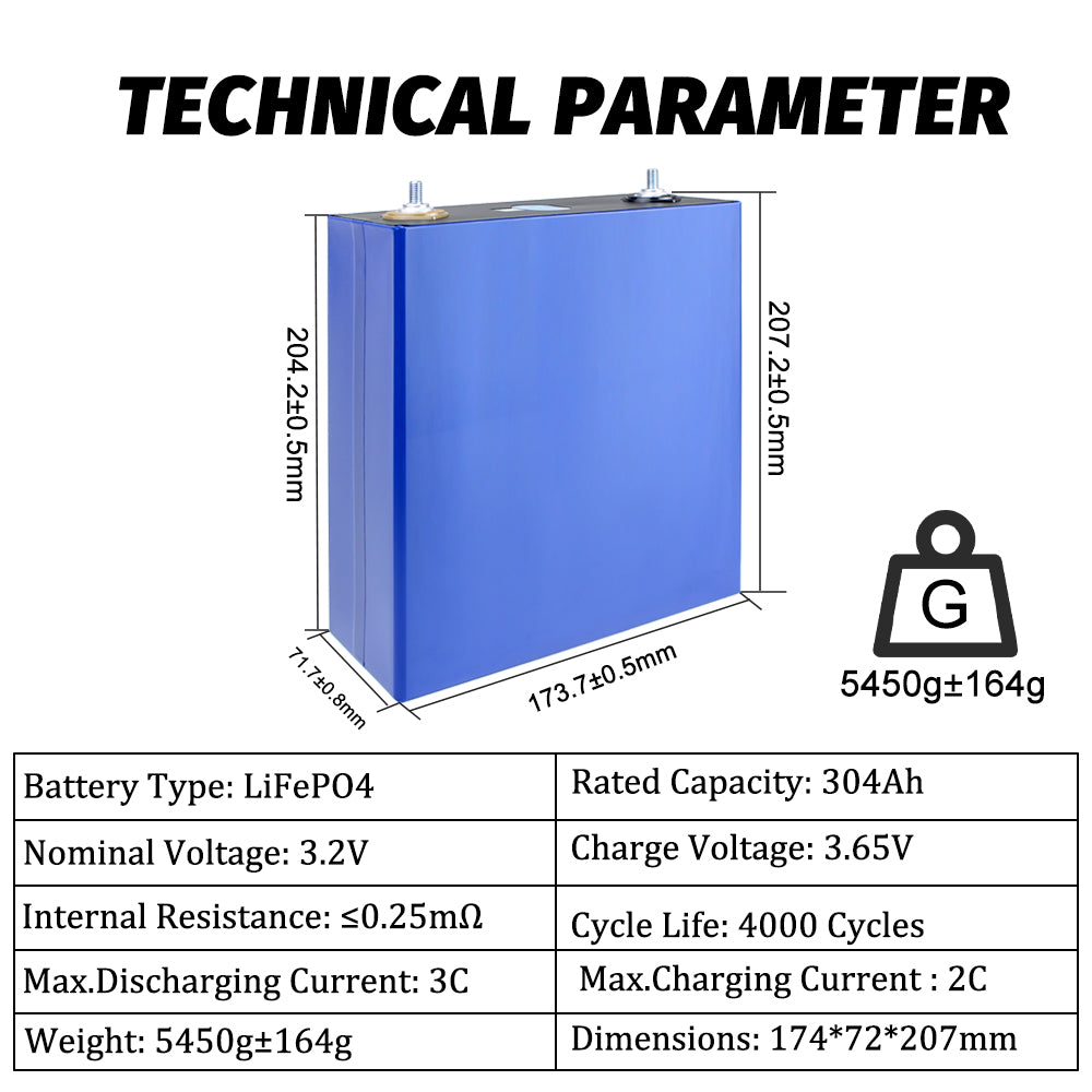 EU STOCK LiFePo4 EVE 3.2V 304Ah Cells Grade A LF304 Rechargeable Battery for DIY 12V 24V 48V 72V Pack,Solar Storage, RV, EV, PV