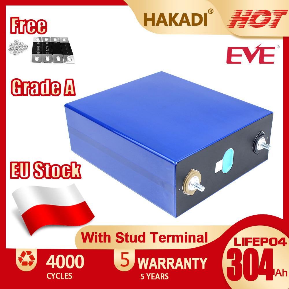 EU STOCK LiFePo4 EVE 3.2V 304Ah Cells Grade A LF304 Rechargeable Battery for DIY 12V 24V 48V 72V Pack,Solar Storage, RV, EV, PV