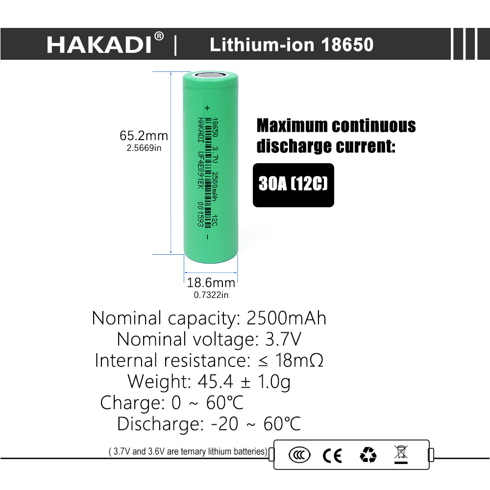 HAKADI 18650 3.7V 2500mAh 12C High Rate Discharge Rechargeable battery For DIY Battery pack  LED Flashlight Kid Toys