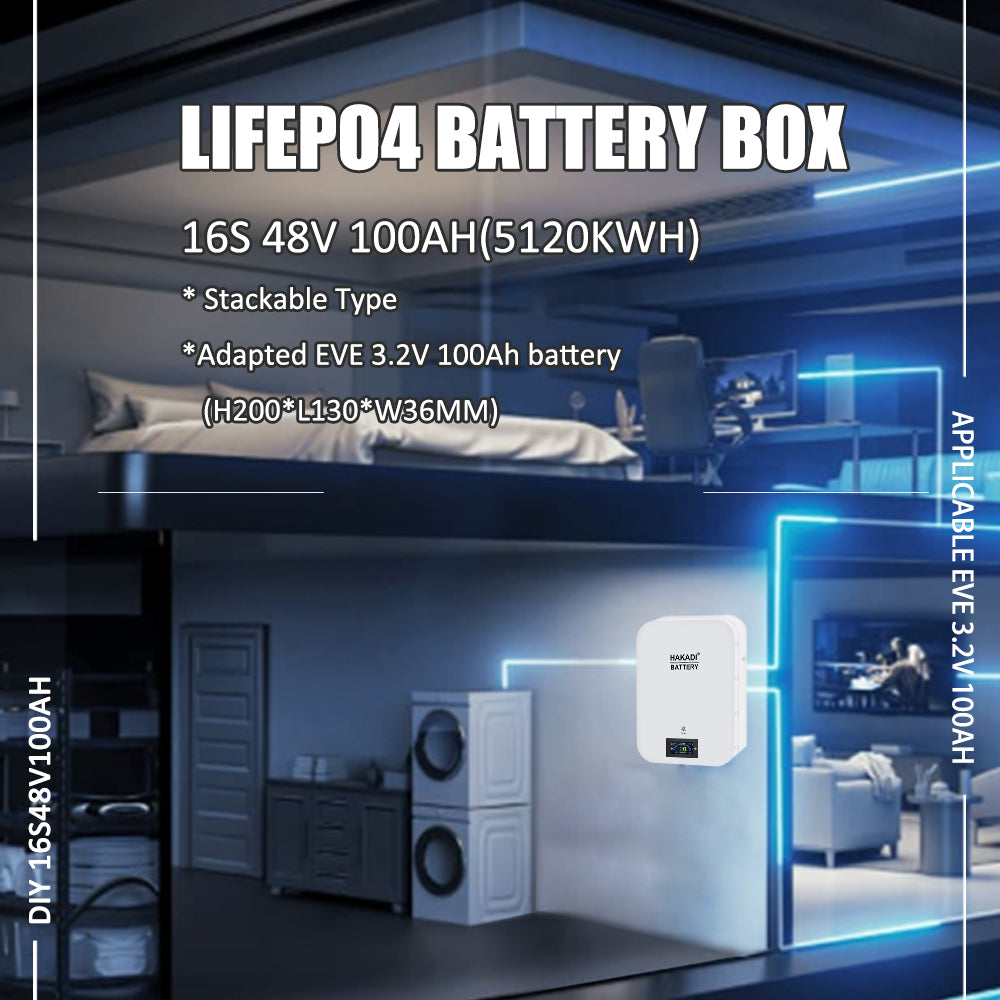 HAKADI 48V LiFePO4 100Ah DIY Battery BOX Wall-mounted 51.2V Case Smart Bluetooth JK BMS for ,RV,Solar Energy