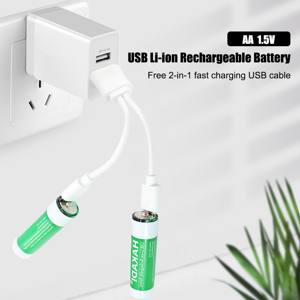 HAKADI AA NiMH Battery 1.5V 2500mWh Rechargeable Cell with 2 in 1 USB Charging Cable for toy KTV Household Electronic Device