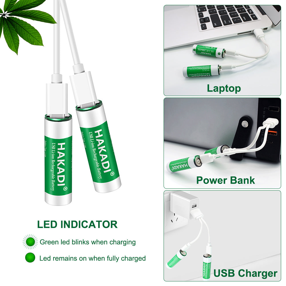 HAKADI AA NiMH Battery 1.5V 2500mWh Rechargeable Cell with 2 in 1 USB Charging Cable for toy KTV Household Electronic Device