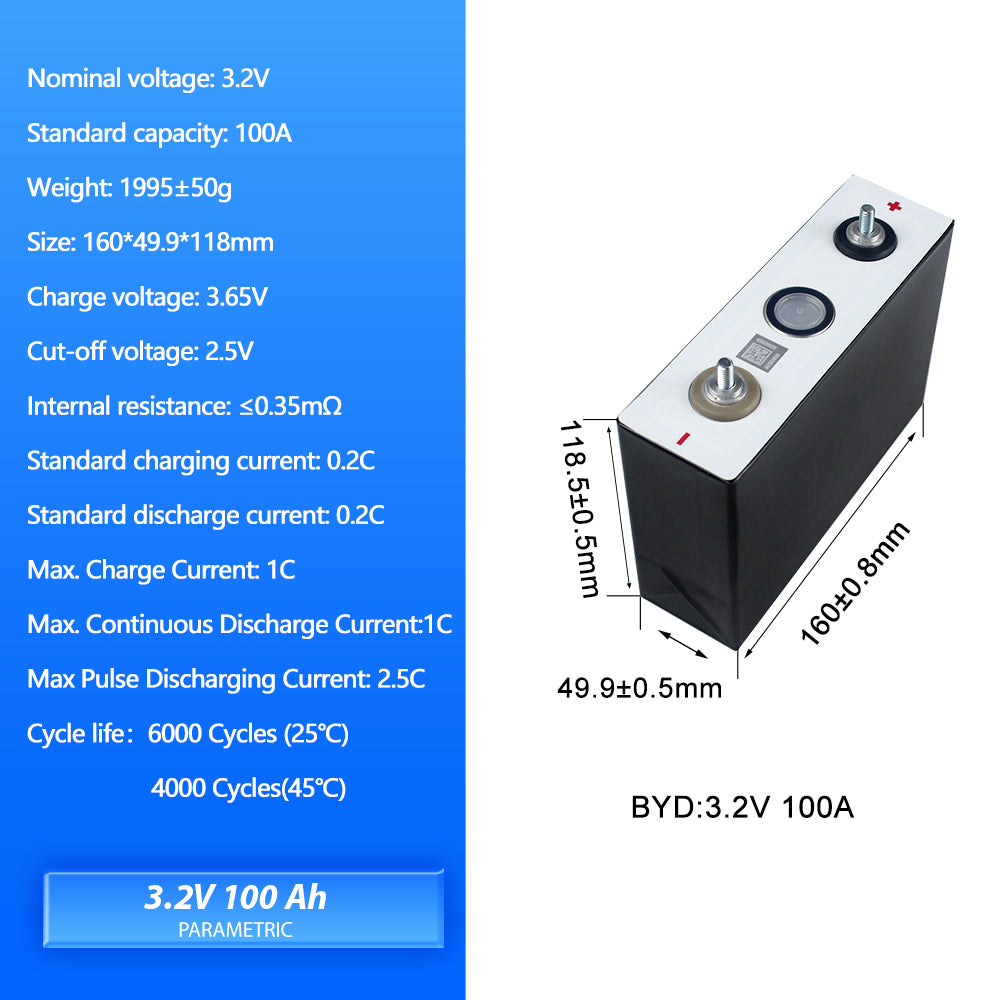 BYD 3.2V 100Ah C49 LiFePO4 Battery Grade A+ Cycle Life 6000+ Rechargeable Cells for RV, EV, Boat