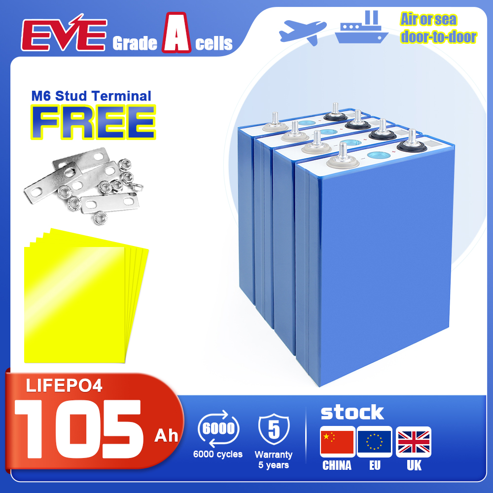 UK Stock EVE LF105 LiFePO4 3.2V 105Ah Battery Grade A M6 Studs Prismatic Cell For Boat, RV, EV, Solar System