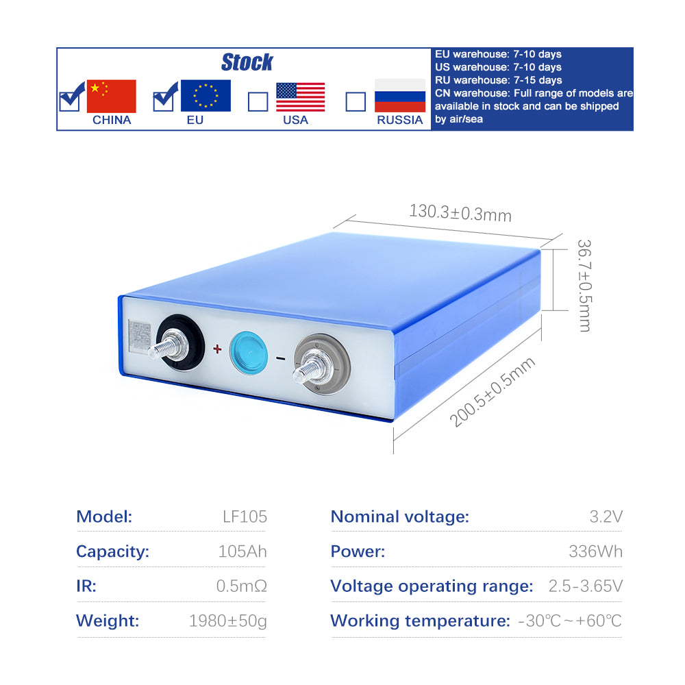 UK Stock EVE LF105 LiFePO4 3.2V 105Ah Battery Grade A M6 Studs Prismatic Cell For Boat, RV, EV, Solar System