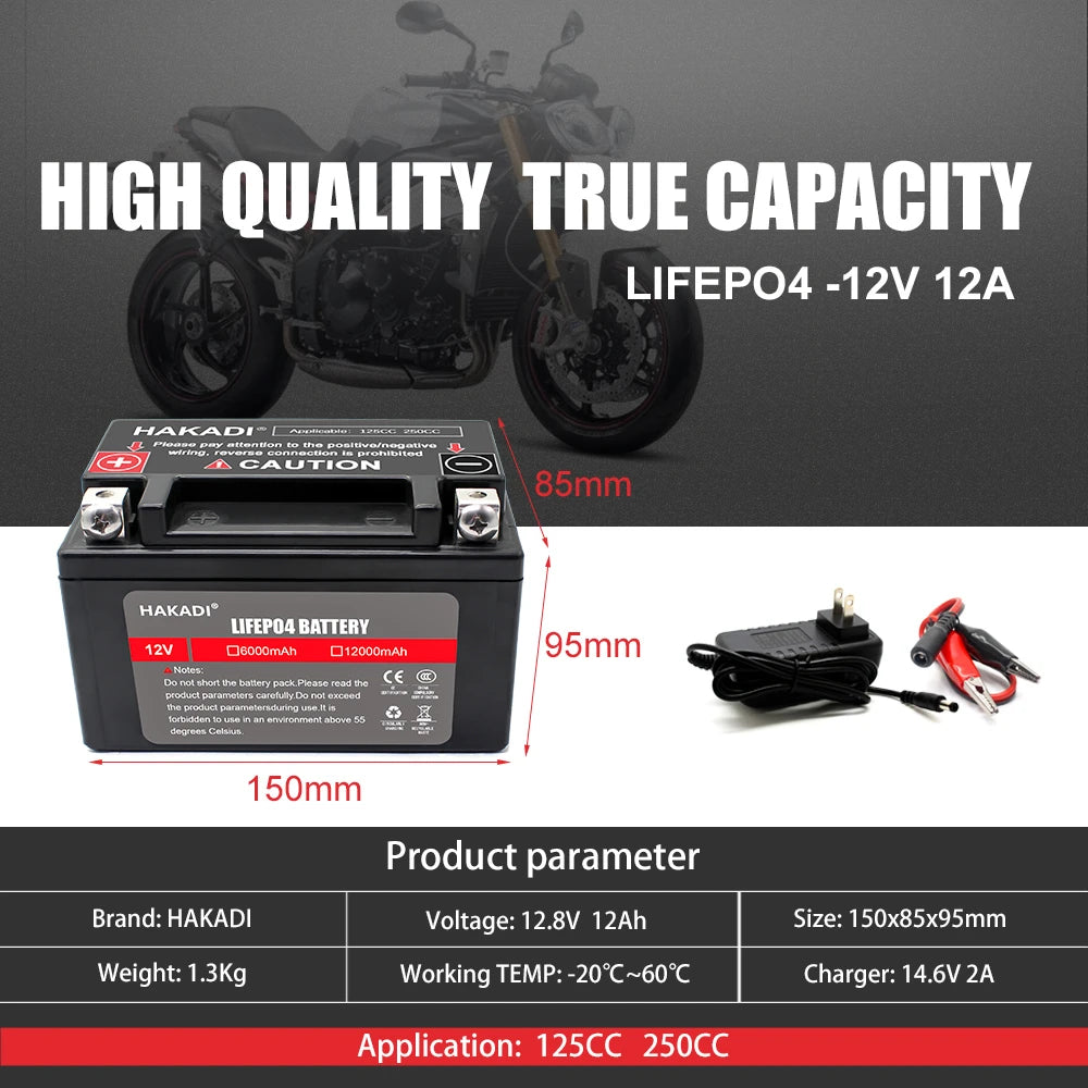 HAKADI LiFePO4 12V 6Ah Power Starter Rechargeable Battery Pack with Built-in BMS For 90-125CC Motorcycle Car