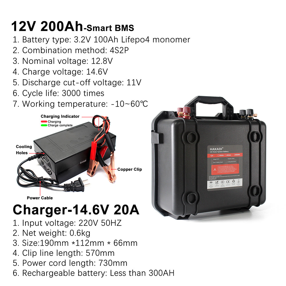EU in STOCK ! HAKADI Lifepo4 12V 200Ah Battery Pack With Bluetooth BMS and 14.6V 20A Charger For Boat RV,EV,Solar System.Solar Energy