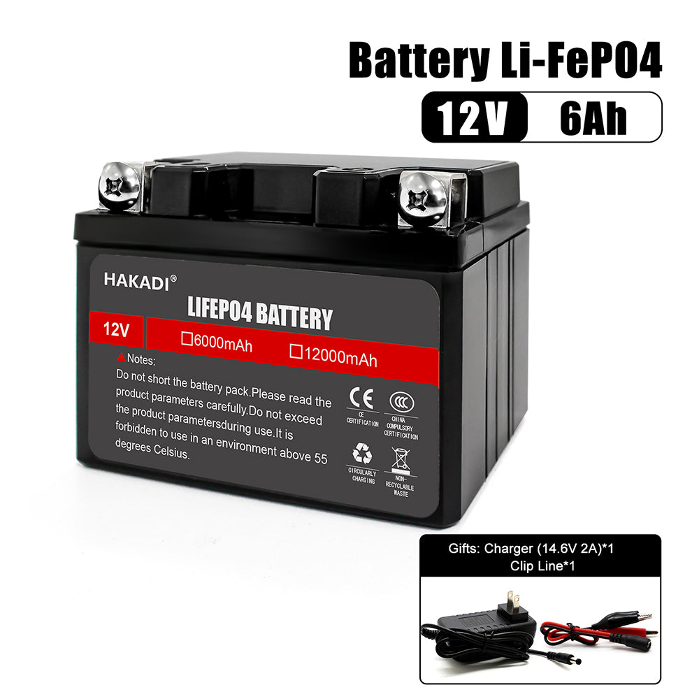 HAKADI LiFePO4 12V 6Ah Power Starter Rechargeable Battery Pack with Built-in BMS For 90-125CC Motorcycle Car