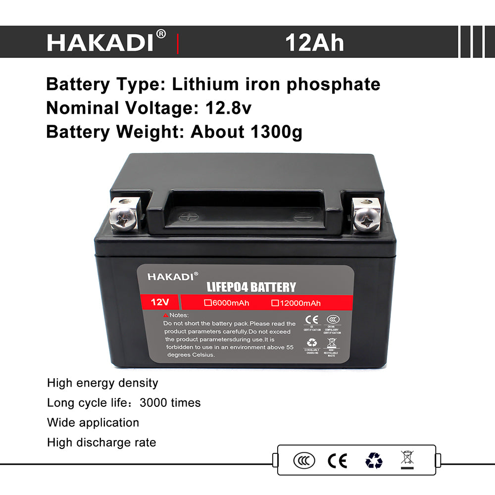 HAKADI 12V 12Ah Lifepo4 Rechargeable Battery Pack For 125CC-200CC Motorcycle Start Power With 14.6V 2A Charger