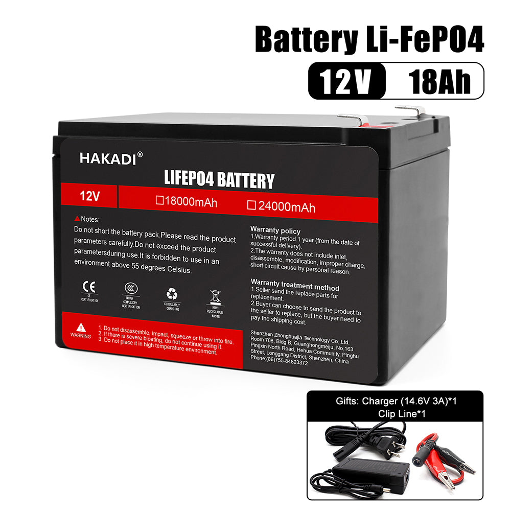 HAKADI Lifepo4 12V 18Ah Rechargeable Battery Pack WIth 14.6V 3A Charger High Power Long Cycle Life For Solar Energy Storage Supply