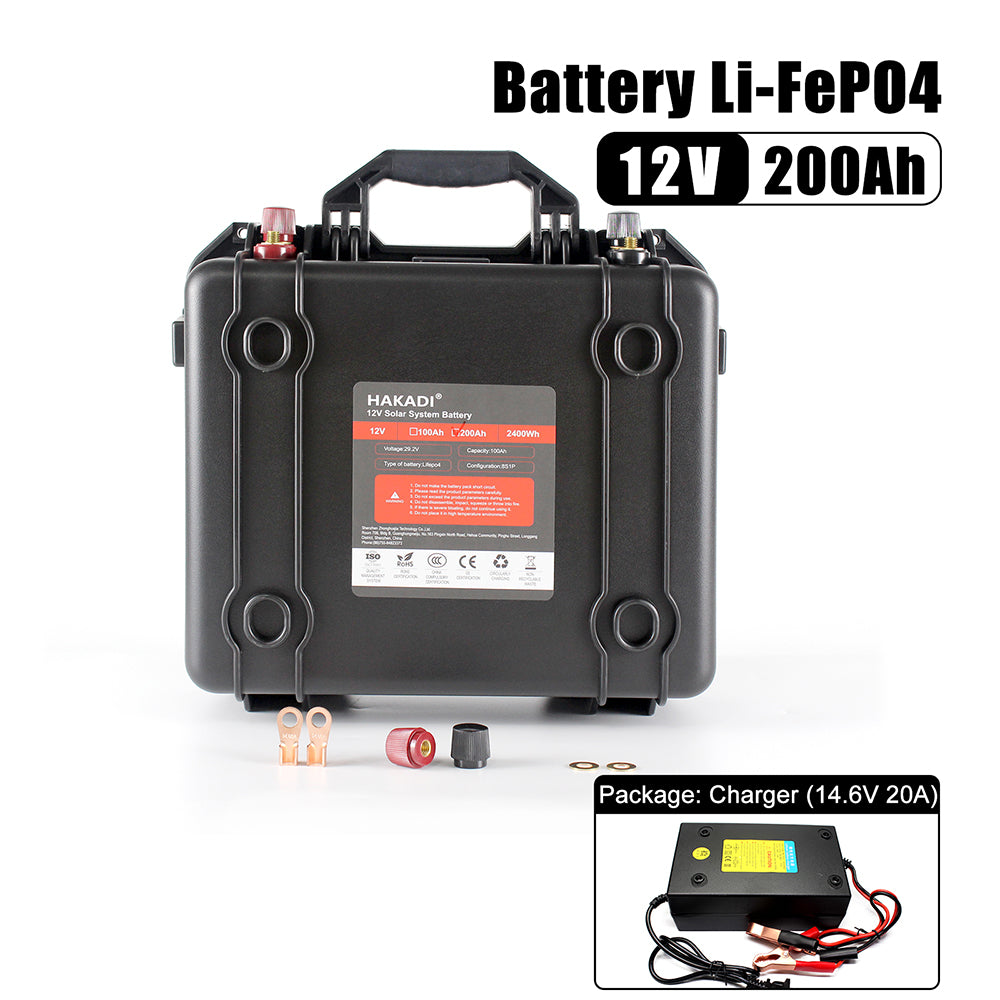 HAKADI 12V 200Ah Lifepo4 Battery Pack With 14.6V 20A Charger and BMS Waterproof Rechargeable Battery For Boat RV EV Solar System