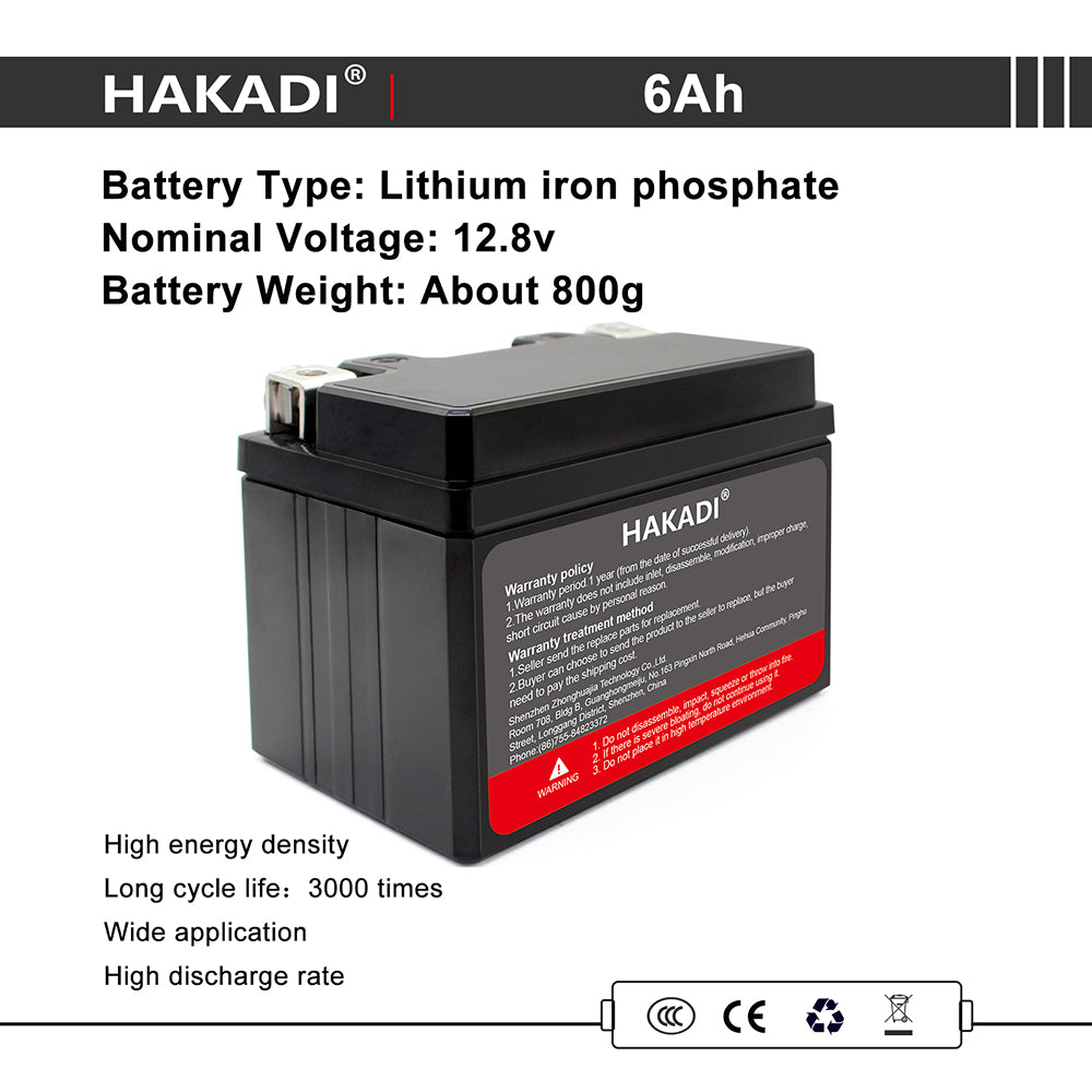 HAKADI LiFePO4 12V 6Ah Power Starter Rechargeable Battery Pack with Built-in BMS For 90-125CC Motorcycle Car