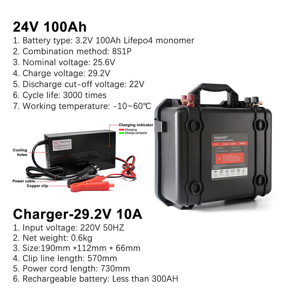 HAKADI 24V 100Ah Rechargeable Lifepo4 Battery Pack With 29.2V 10A Charger and BMS Waterproof Rechargeable Battery For UPS Power Solar RV EV