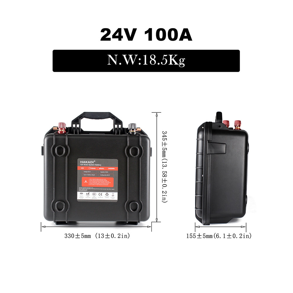 HAKADI 24V 100Ah Rechargeable Lifepo4 Battery Pack With 29.2V 10A Charger and BMS Waterproof Rechargeable Battery For UPS Power Solar RV EV