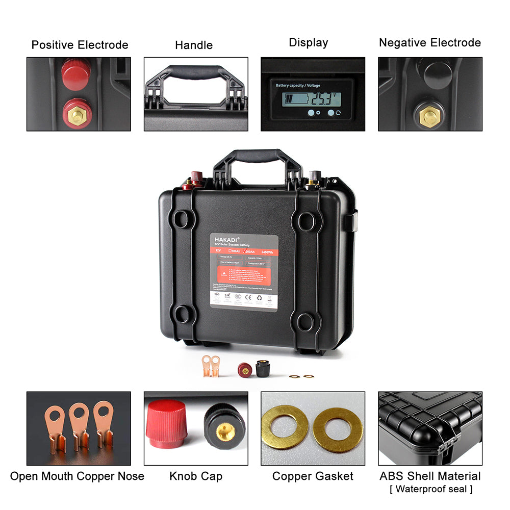 HAKADI 24V 100Ah Rechargeable Lifepo4 Battery Pack With 29.2V 10A Charger and BMS Waterproof Rechargeable Battery For UPS Power Solar RV EV