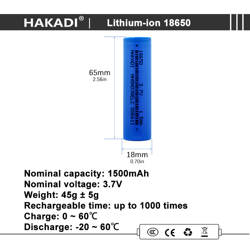 HAKADI 18650 3.7V 1500mAh LIthium-ion Rechargeable Battery Cell For Power Tool DIY 24V 36V 48V Scooter