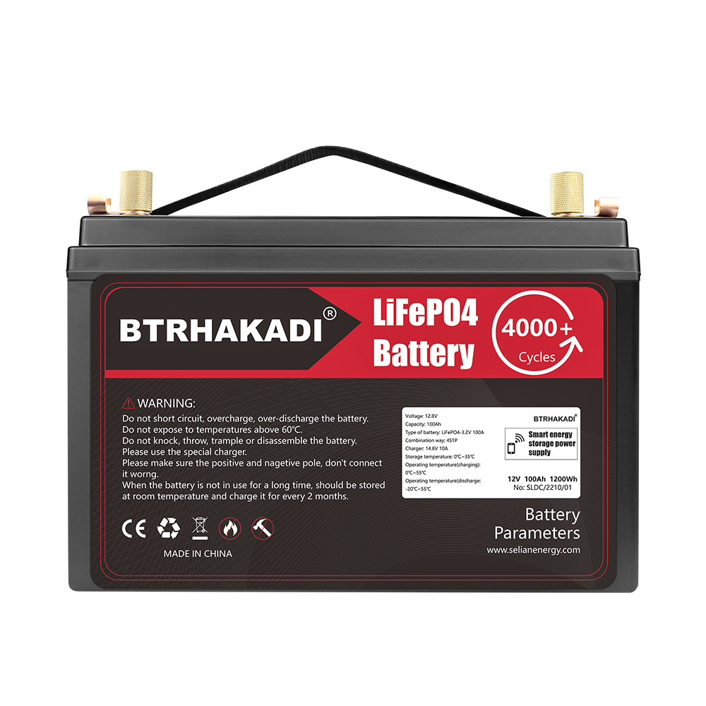 HAKADI 12V 100Ah Lithium LiFePO4 Battery Pack 1200Wh With Bluetooth BMS and 14.6V 10A Charger For Solar RV EV