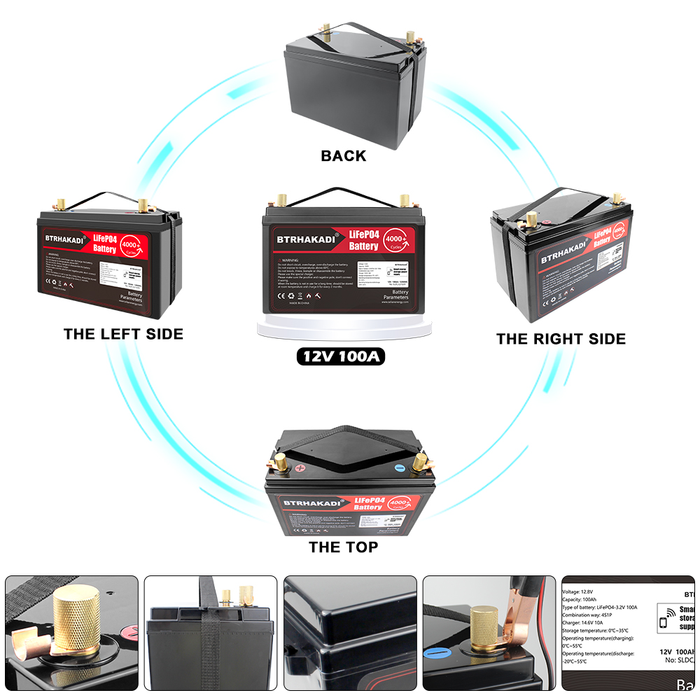 HAKADI 12V 100Ah Lithium LiFePO4 Battery Pack 1200Wh With Bluetooth BMS and 14.6V 10A Charger For Solar RV EV