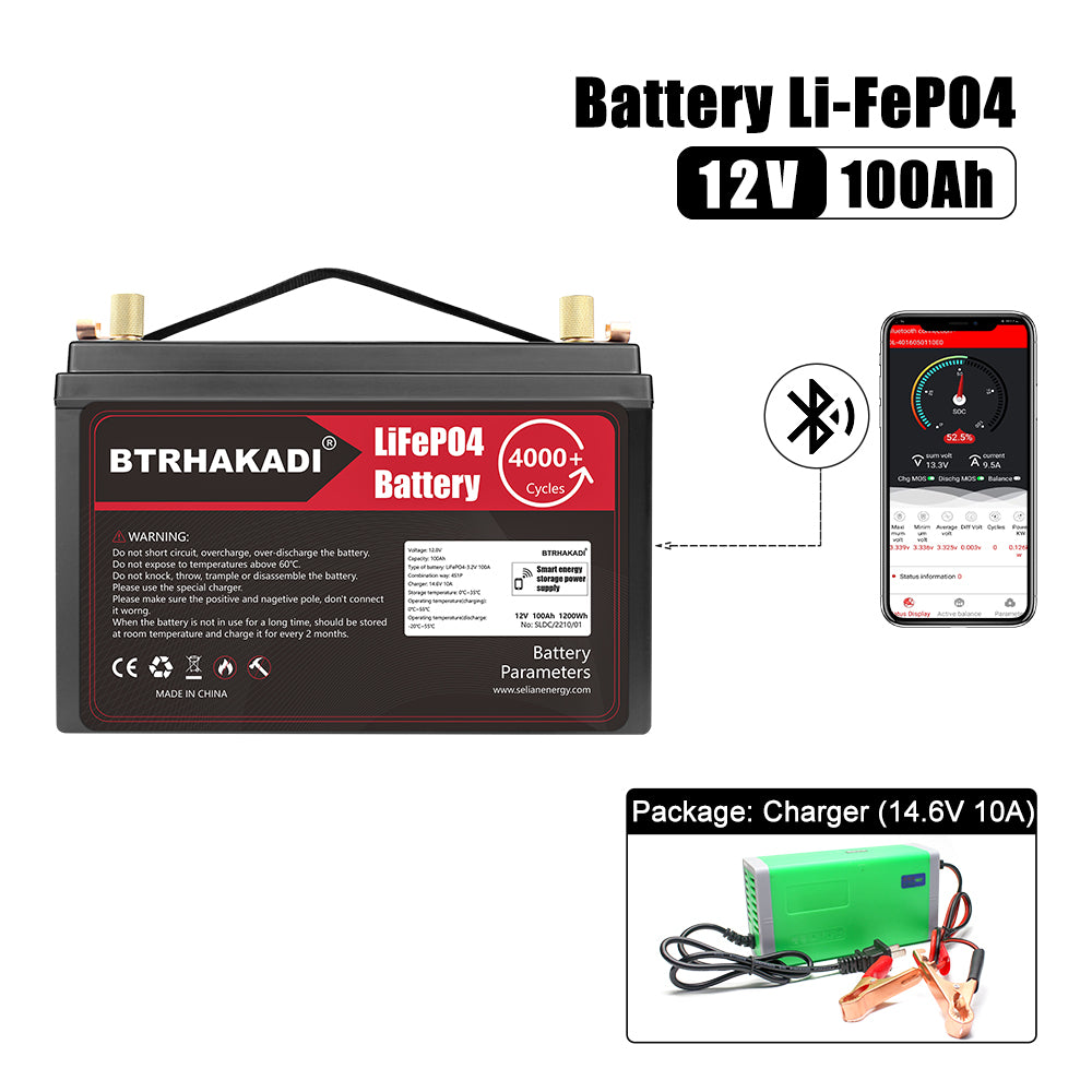 HAKADI 12V 100Ah Lithium LiFePO4 Battery Pack 1200Wh With Bluetooth BMS and 14.6V 10A Charger For Solar RV EV