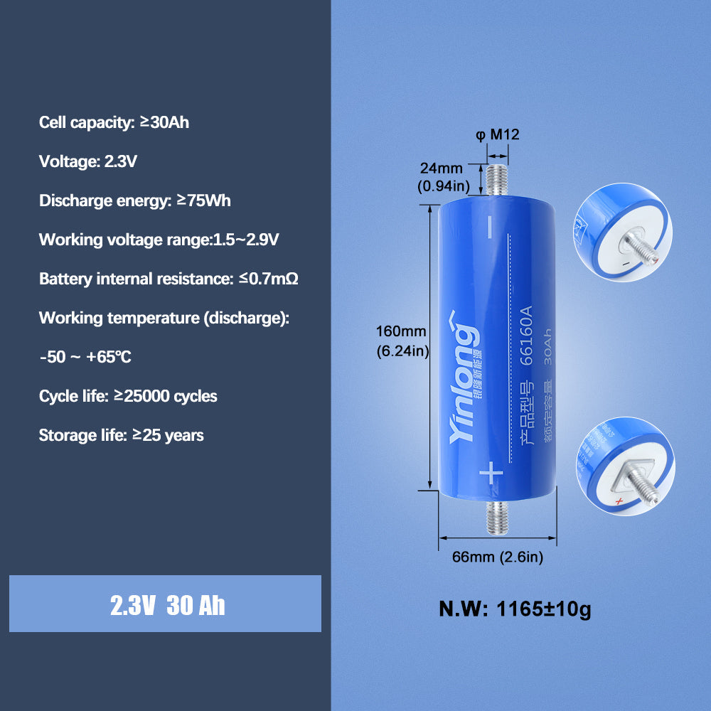 LTO Yinlong 30Ah 2.3V lithium titanate Battery Cycle life 25000+For Low Temperature Discharge,Car audio,DIY 12V 24V 48V 72V Battery Pack
