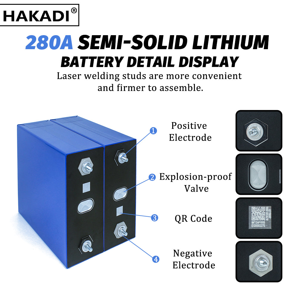 HAKADI Semi-solid Battery 3.2V 280Ah LiFePO4 Rechargeable Grade A Cell 12000+ Cycle For DIY Solar System EV RV Boat