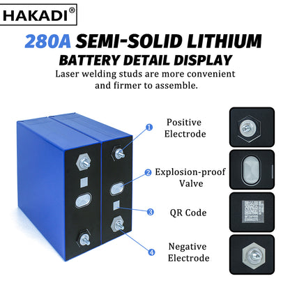 HAKADI Semi-solid Battery 3.2V 280Ah LiFePO4 Rechargeable Grade A Cell 12000+ Cycle For DIY Solar System EV RV Boat