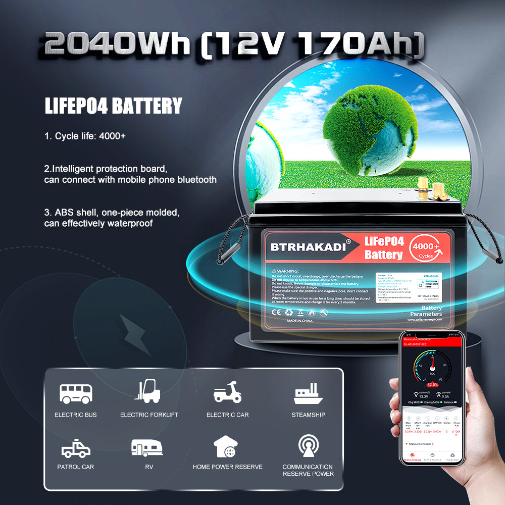 HAKADI 12V 170Ah Lifepo4 Rechargeable Battery Pack With BMS and 14.6V 20A Charger For Solar System RV EV Boat