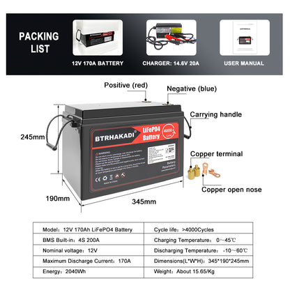 HAKADI 12V 170Ah Lifepo4 Rechargeable Battery Pack With BMS and 14.6V 20A Charger For Solar System RV EV Boat