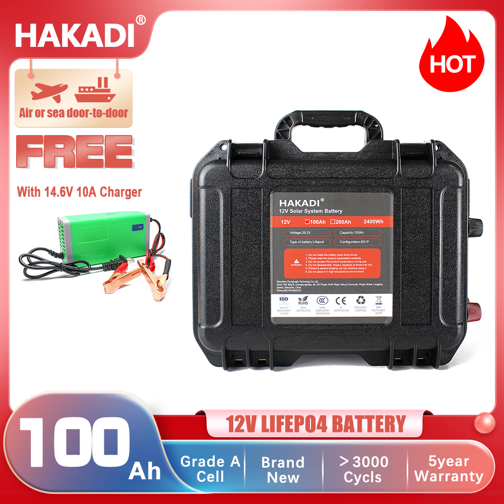 HAKADI 12V 100Ah Lifepo4 Battery Pack With Bluetooth BMS and Battery Charger For Boat RV Solar System Solar energy