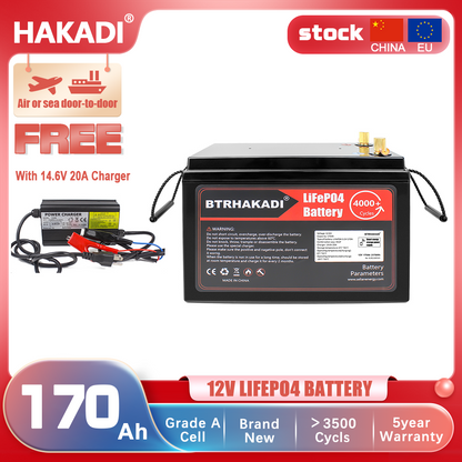 HAKADI 12V 170Ah Lifepo4 Rechargeable Battery Pack With BMS and 14.6V 20A Charger For Solar System RV EV Boat