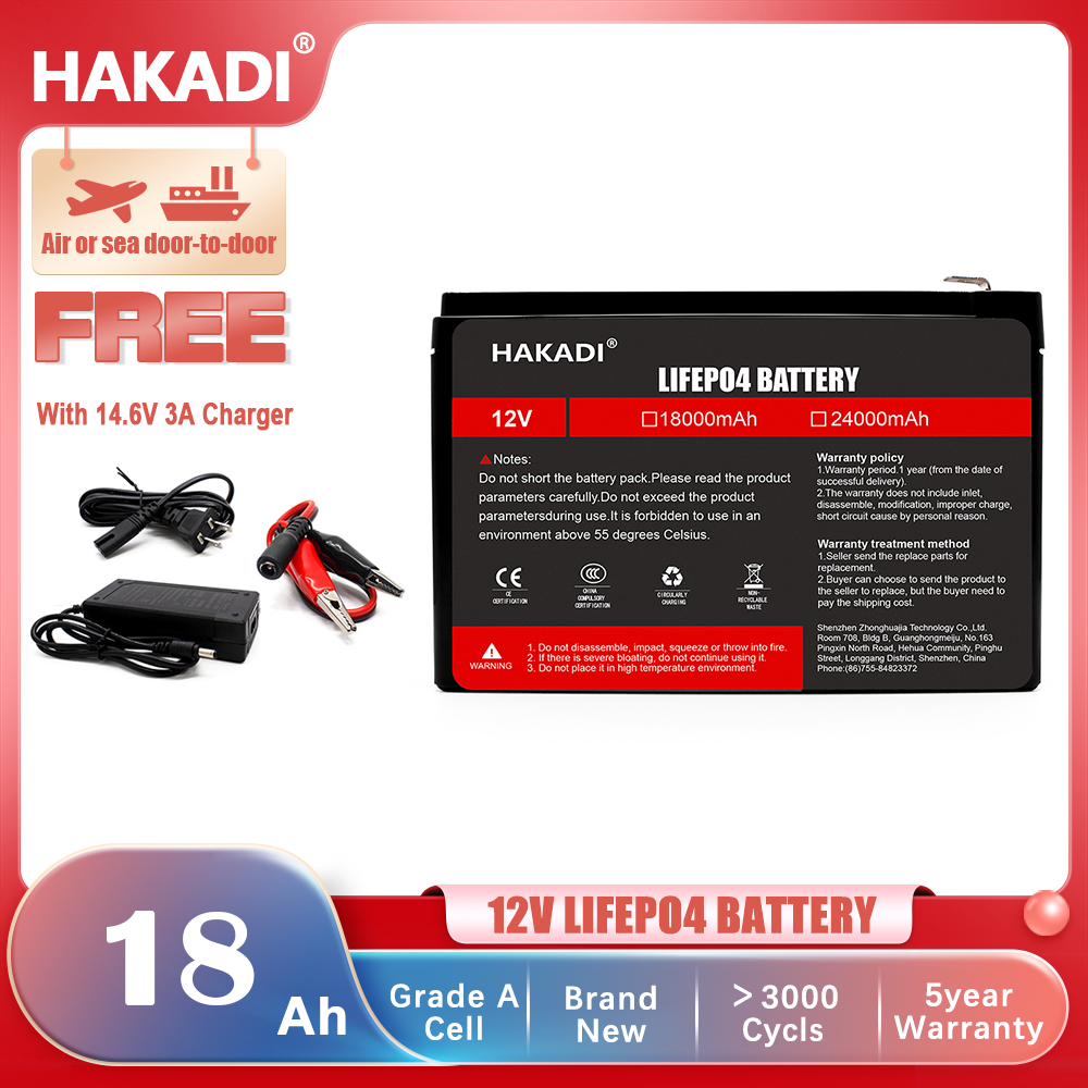 HAKADI Lifepo4 12V 18Ah Rechargeable Battery Pack WIth 14.6V 3A Charger High Power Long Cycle Life For Solar Energy Storage Supply