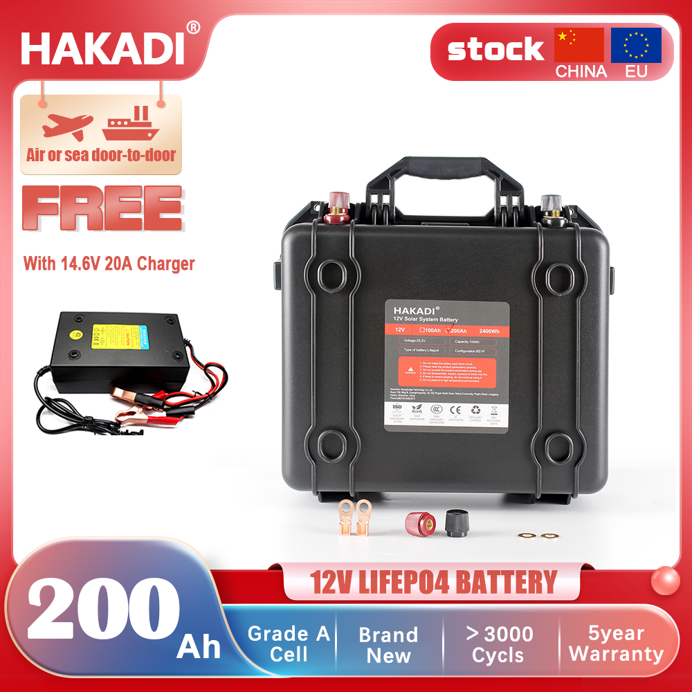 HAKADI 12V 200Ah Lifepo4 Battery Pack With 14.6V 20A Charger and BMS Waterproof Rechargeable Battery For Boat RV EV Solar System