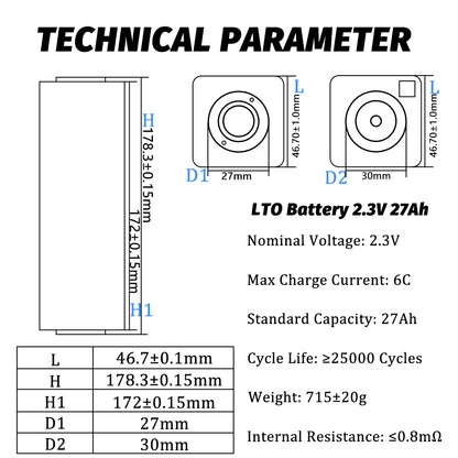 HAKADI LTO 2.3V 27Ah Battery Rechargeable Prismatic Cells 25000+ Cycle Life For Solar System, RV