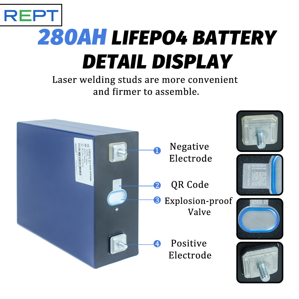 LiFePO4 REPT 3.2V 280Ah Grade A Rechargeable Battery For Solar Energy System Boat Power Supply