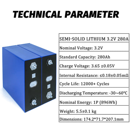 Solid Battery 3.2V 280Ah Rechargeable Grade A Cell 12000+ Cycle For Solar System EV RV Boat